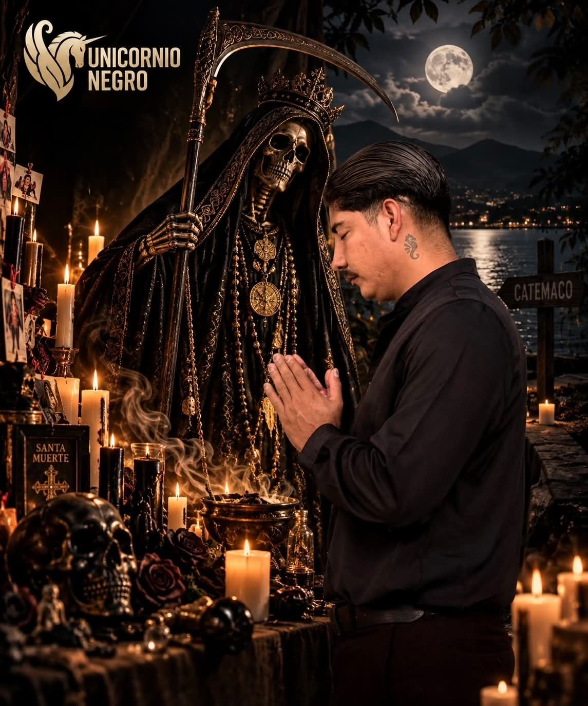 Unicornio Negro en oración ante el altar de la Santa Muerte